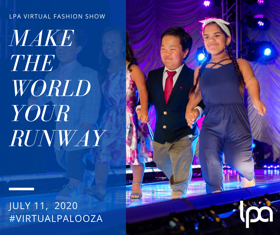 Fashion  Show Announcement with two Models Walking Down a Runway, Text Reads: Make the World Your Runway, July 11, 2020 