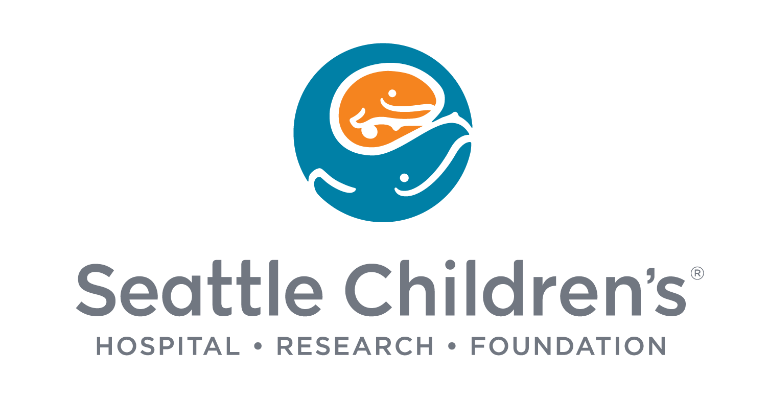 white background with blue circle above the words Seattle Children's . next line of text has Hospital research foundation